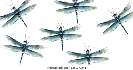 Dragon Fly Pattern Vector Watercolor. Spring Summer Texture Designs