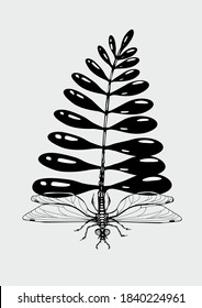 Dragon fly with tropical leaf. Insect with plant branch. Tattoo style vector print. Mimicry concept. Poster with bug and exotic flora.