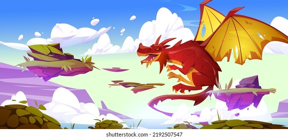 Dragon flying in cloudy sky with floating islands. Fantastic character, magic creature in heaven with fluffy clouds. Fairytale animal, fantasy book or game personage, Cartoon vector illustration