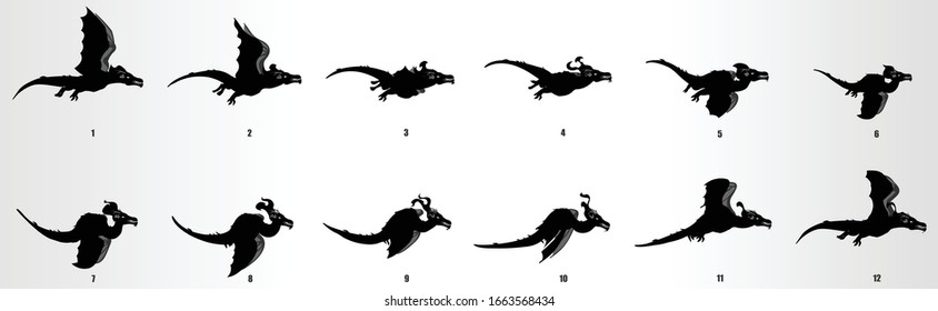 Dragon Flying Cycle Animation Frames Silhouette, Loop Animation Sequence Sprite Sheet 