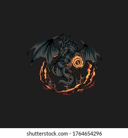 a dragon flying in the darkness carrying a circle of fire