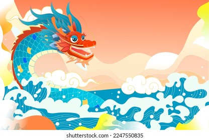 Dragon flying inside auspicious clouds with clouds and water splashes in the background, vector illustration, Chinese translation: Dragon raising its head