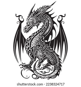 Dragon Flying, Mythical Beast Aggressive Japanese fantasy dragon concept in vintage monochrome style isolated vector illustration. Dragon coloring page template and for the t-shirt.