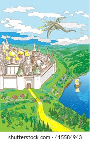 Dragon flying over the ancient town. Vector Illustration of a three-headed dragon flying over the ancient town.