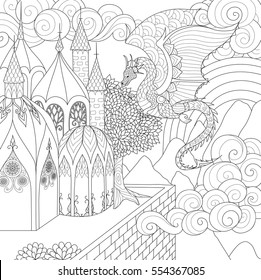 Dragon flying over a beautiful cathedral for adult coloring book. Stock Vector