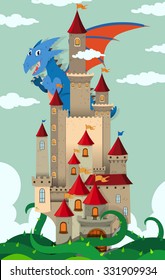 Dragon flying over castle illustration