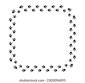 Dragon footprint frame. Hand drawn square dinosaur paw print border. Dragon foot frame template. Dino cute trail texture border. Vector illustration isolated on white background.
