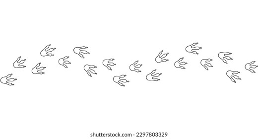 Dragon footprint wave line. Hand drawn dinosaur paw prints. Dragon foot silhouette. Dino cute trail texture. Vector illustration isolated on white background.