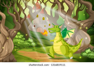 A dragon in the forest castle illustration