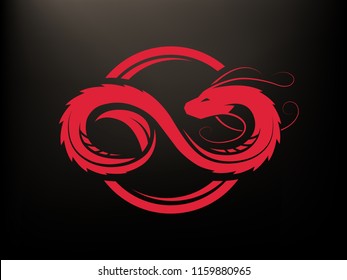 Dragon in the form of infinity, circle logo, symbol on a dark background.