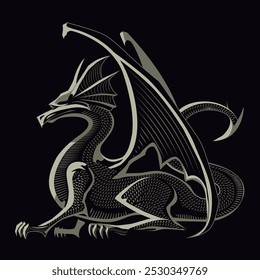 Dragon in the form of a stylized image on a black background. heraldic style. coat of arms, medieval mythological griffin. hydra. Flat color. vector