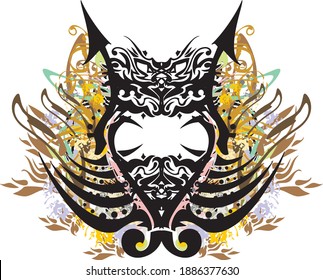 Dragon frame colorful floral splashes. Abstract heart-shaped frame with golden and floral elements on white for holidays and events, tattoos, prints, wallpapers, etc.