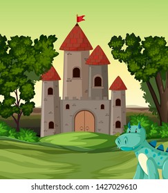 Dragon in front of the castle illustration