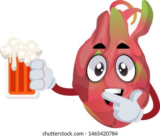 Fruto dragón con cerveza, ilustración, vector sobre fondo blanco.