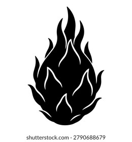 Dragon fruit black silhouette icon with flame-like scales, white cutouts and bold tropical fruit shape, isolated on white background for stickers, labels, packaging and grocery designs.