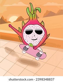 dragon fruit boy skating on sunset moment illustration