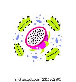 Dragon Fruit with cactus leaf in acid color. Hand drawn vector