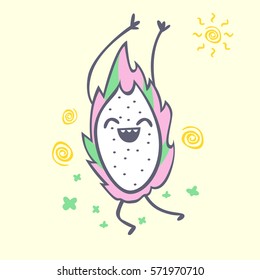 Dragon fruit cartoon character, cute kawaii pitaya, vector illustration