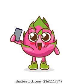 dragon fruit cartoon character holding a smartphone