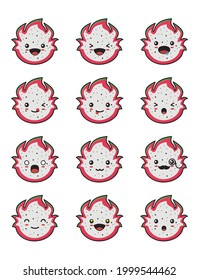 dragon fruit cartoon. with different facial expressions isolated on a white background.