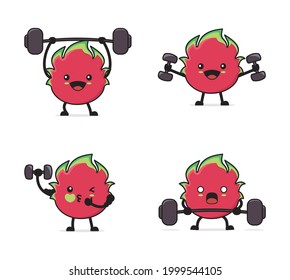 dragon fruit cartoon. with exercise equipment, dumbbells, barbells.