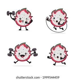 dragon fruit cartoon. With fitness concept isolated on white background