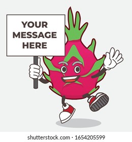 Dragon Fruit cartoon mascot character with board sign message