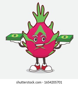 Dragon Fruit cartoon mascot character with money on hands