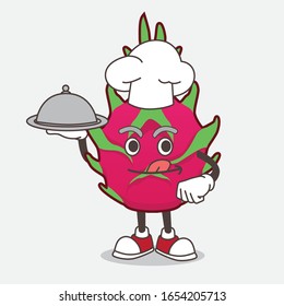 Dragon Fruit cartoon mascot character as a Chef with food on tray ready to serve