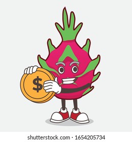 Dragon Fruit Cartoon Mascot Character Holding A Gold Coin Medal