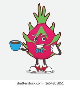 Dragon Fruit cartoon mascot character with a cup of coffee