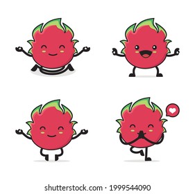 caricatura de fruta de dragón. en una posición de yoga aislada en un fondo blanco.