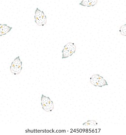 Dragon fruit character seamless pattern with smiley face fruit on a polka dot background. Hand-drawn cartoon doodle in simple naive style. Vector illustrations in a pastel palette for kids