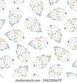 Dragon fruit character seamless pattern with smiley face fruit on a polka dot background. Hand-drawn cartoon doodle in simple naive style. Vector illustrations in a pastel palette for kids