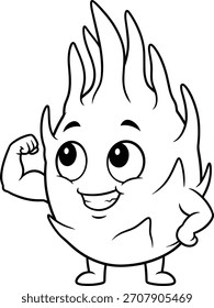 personagem de fruta de dragão mostrando seus músculos do braço, ótimo para livro de coloração, vetor de arte de linha isolado no fundo em branco, ilustração crianças
