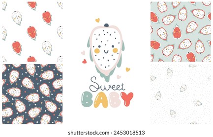 Dragon fruit character with smiley face funny inscription. Sweet Baby. A set seamless pattern collection in polka dots. Hand-drawn cartoon doodle in simple naive style. Vector illustrations for kids