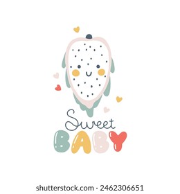 Dragon fruit character with smiley face funny inscription. Sweet Baby. Hand-drawn cartoon doodle in simple naive style. Vector illustrations for kids. Isolate cute fruit on a white background