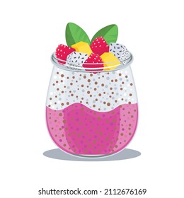 Ropa de rayas de fruta chia decorada con fresa, mango, hojas de menta en frasco de vidrio. Exótico postre saludable, comida de desintoxicación. Ilustración vectorial, objeto, icono, símbolo aislado