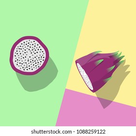 Dragon fruit chunked. Top view image on pastel colors background. Line art illustration for poster, banner, t-shirt.