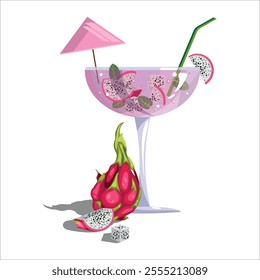 Dragon fruit cocktail. Summer, tropical, refreshing drink, lemonade with pitahaya and mint. Vector illustration.