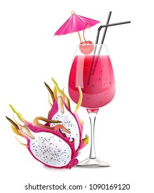 Dragon fruit cocktail Vector. Realistic summer drink tropic juices