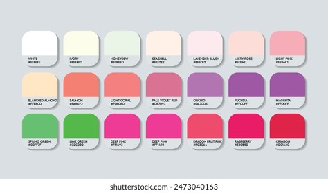 Dragon Fruit Color Palette, Dragon Fruit Color Guide Palette with Color Names. Catalog Samples of Dragon Fruit with RGB HEX codes and Names. Pink Colors Palette Vector, Pastel berry Color Palette