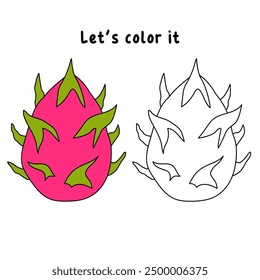 Dragon fruit coloring pages for kids. Trace and color dragon fruit. Educational worksheet. Dragon fruit tracing worksheet. Kindergarten and preschool activity.