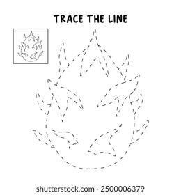 Dragon fruit coloring pages for kids. Trace and color dragon fruit. Educational worksheet. Dragon fruit tracing worksheet. Kindergarten and preschool activity.
