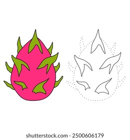 Dragon fruit coloring pages for kids. Trace and color dragon fruit. Educational worksheet. Dragon fruit tracing worksheet. Kindergarten and preschool activity.