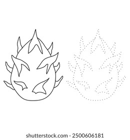 Dragon fruit coloring pages for kids. Trace and color dragon fruit. Educational worksheet. Dragon fruit tracing worksheet. Kindergarten and preschool activity.