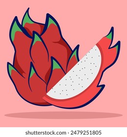 Dragon Fruit concept, cartoon illustration of white dragon fruit, flat design of half cut pitaya or pitahaya, summer tropical fruit for healthy lifestyle. white dragon fruit isolated on background.