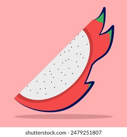 Dragon Fruit concept, cartoon illustration of white dragon fruit, flat design of half cut pitaya or pitahaya, summer tropical fruit for healthy lifestyle. white dragon fruit isolated on background.