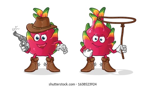 Dragon fruit cowboy wearing hat and playing gun and lasso cartoon. cartoon mascot vector