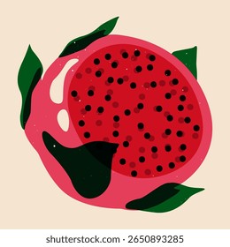 Fruta do dragão cortada ao meio. Exótico pitaya tropical fruta, pitahaya maduro rosa fresco com folhas verdes e espinhos, estilo de risografia alimentar orgânico saudável. Ilustração de desenho animado vetorial.